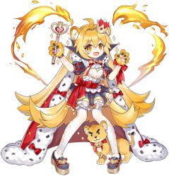 Rule 34 | 1girl, :3, ahoge, animal ears, animal hands, ark order, black skirt, blonde hair, bow, cape, crown, fang, fire, fur-trimmed cape, fur trim, gloves, hatoyama itsuru, holding, holding wand, leo (ark order), lion, lion ears, long hair, magical girl, mini crown, official art, pantyhose, paw gloves, puffy short sleeves, puffy sleeves, red bow, red cape, shirt, short sleeves, skirt, solo, sparkle, tachi-e, transparent background, v-shaped eyebrows, very long hair, wand, white pantyhose, white shirt, yellow eyes
