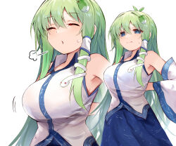 Rule 34 | adjusting bra, adjusting clothes, bare shoulders, blue eyes, blush, bra, breasts, closed eyes, closed mouth, commentary, detached sleeves, efe, frog hair ornament, green hair, hair ornament, highres, kochiya sanae, large breasts, long hair, long sleeves, multiple views, open mouth, sidelocks, simple background, snake, touhou, underwear, white background