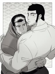 Rule 34 | 2boys, bara, beard, black hair, blush, buzz cut, collared shirt, couple, face to pecs, facial hair, from above, goatee stubble, golden kamuy, greyscale, hairy, highres, hug, kon likes corn, large pectorals, long sideburns, looking at viewer, looking back, male focus, mature male, monochrome, multiple boys, muscular, muscular male, ogata hyakunosuke, pectorals, shirt, short hair, sideburns, stubble, tanigaki genjirou, thick eyebrows, very short hair, yaoi