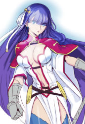 Rule 34 | 1girl, aoba (smartbeat), belt, blue eyes, blue thighhighs, blunt bangs, breasts, capelet, center opening, cleavage, dress, fate/grand order, fate (series), gauntlets, hair ribbon, highres, holding, holding staff, large breasts, long hair, looking at viewer, martha (fate), navel, pelvic curtain, purple hair, red capelet, ribbon, smile, solo, staff, thighhighs, thighs, white dress