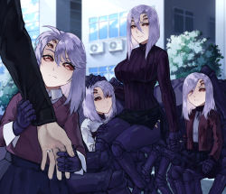 Rule 34 | 1boy, 4girls, arachne, arthropod girl, black skirt, day, extra eyes, family, father and daughter, hair between eyes, hand on another&#039;s head, highres, holding hands, husband and wife, impossible clothes, impossible sweater, insect girl, jewelry, long sleeves, medium hair, monster girl, monster musume no iru nichijou, mother and daughter, multiple girls, out of frame, pencil skirt, rachnera arachnera, red eyes, ribbed sweater, ring, siblings, silver hair, sisters, skirt, spider girl, sweater, taur, wedding band, zakirsiz