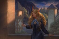 Rule 34 | 1girl, blonde hair, blood elf (warcraft), blue dress, clock, clock tower, clothing cutout, cloud, cloudy sky, colored sclera, commentary, cowboy shot, curly hair, dress, earrings, elf, english commentary, evening, freckles, highres, holding, holding jewelry, holding necklace, jewelry, long hair, long sleeves, mountain, necklace, no pupils, nozomi-mats, original, pendant, pointy ears, puffy sleeves, sky, smile, solo, tower, tree, warcraft, yellow sclera