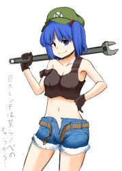 Rule 34 | 1girl, bad id, bad pixiv id, belt, blue eyes, blue hair, gloves, hair bobbles, hair ornament, hat, kawashiro nitori, looking at viewer, matching hair/eyes, navel, short shorts, shorts, smile, solo, strap slip, tank top, touhou, translation request, twintails, two side up, unbuttoned, wrench, zetsumame