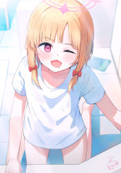 Rule 34 | 1girl, absurdres, barefoot, blonde hair, blue archive, blush, bow, commentary request, drooling, hair bow, halo, highres, indoors, kneeling, looking at viewer, momoi (blue archive), mouth drool, naked shirt, nishi yasuaki, one eye closed, open mouth, red bow, red eyes, shirt, short sleeves, sidelocks, solo, tears, white shirt