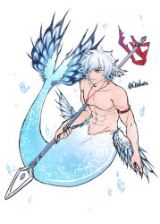 Rule 34 | absurdres, alternate form, bare arms, bare shoulders, bracelet, brown eyes, closed mouth, collarbone, devilu6587, eden&#039;s zero, fins, fish tail, full body, groin, highres, jewelry, justice (eden&#039;s zero), looking down, matching hair/eyes, mermaid tail, merman, merman transformation, monster boy, navel, necklace, short hair, tail, transformation