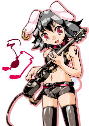Rule 34 | 1girl, animal ears, belt, black hair, earrings, female focus, guitar, inaba tewi, instrument, jewelry, midriff, navel, rabbit ears, red eyes, short hair, shorts, simple background, solo, sukiyo, tail, thighhighs, touhou, white background