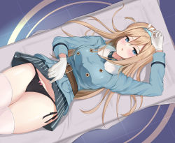 Rule 34 | 1girl, absurdres, black panties, blonde hair, blue hairband, blue jacket, breasts, clothes lift, girls&#039; frontline, gloves, hair ornament, hairband, highres, jacket, lifted by self, long hair, long sleeves, lying, medium breasts, miniskirt, on back, one side up, panties, skirt, skirt lift, snowflake hair ornament, solo, striped clothes, striped skirt, suomi (girls&#039; frontline), thighhighs, underwear, vertical-striped clothes, vertical-striped skirt, vii22581034, white gloves, white thighhighs