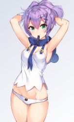 Rule 34 | 1girl, armpits, arms up, azur lane, bare arms, bare shoulders, blue necktie, breasts, commentary request, cowboy shot, green eyes, grey background, groin, hair ornament, hair tie in mouth, javelin (azur lane), long hair, looking at viewer, medium breasts, mouth hold, necktie, no pants, noboru (kamine204136), panties, ponytail, purple hair, shirt, simple background, sleeveless, sleeveless shirt, solo, standing, sweatdrop, thighs, underwear, white panties, white shirt