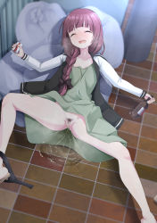 Rule 34 | 1girl, ^ ^, alcohol, beer, black bow, black jacket, black panties, blunt bangs, blurry, blush, bocchi the rock!, bottle, bow, braid, breasts, breath, brown footwear, censored, closed eyes, collarbone, depth of field, dress, drink, drinking straw, drooling, drunk, fang, female focus, female pubic hair, geta, green dress, hair bow, hair over shoulder, hand up, happy, highres, hiroi kikuri, holding, holding bottle, holding drink, jacket, juice box, long hair, long sleeves, lying, mosaic censoring, ms himematu, no panties, nose blush, on back, open clothes, open jacket, open mouth, outdoors, panties, panties around leg, pee, peeing, peeing self, pubic hair, puddle, pussy, raglan sleeves, railing, red hair, saliva, sandals, shiny skin, sidelocks, single braid, single sandal, small breasts, smile, solo, spread legs, steam, thighs, tile floor, tiles, trash bag, underwear, upskirt, white sleeves