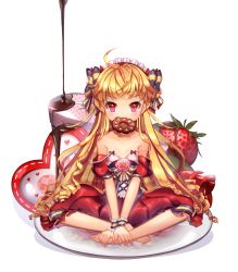 Rule 34 | 1girl, agrt, ahoge, bad id, bad pixiv id, barefoot, blonde hair, blush, bow, box, breasts, chocolate syrup, cinia pacifica, collarbone, curly hair, dress, feet, flower, food, fruit, full body, gift, gift box, hairband, hands on feet, heart, highres, lolita hairband, long hair, looking at viewer, mouth hold, pink eyes, red flower, red rose, reflection, rose, sitting, small breasts, solo, strap slip, strawberry, sword girls, v arms, valentine, very long hair, white background, wrist cuffs, aged down