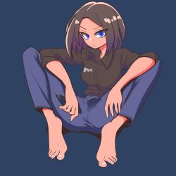 Rule 34 | 1girl, barefoot, black shirt, blue background, blue eyes, brown hair, cellphone, closed mouth, collared shirt, denim, elflorri, feet, highres, holding, holding phone, jeans, knees up, looking at viewer, medium hair, pants, phone, samsung, samsung sam, shirt, simple background, sitting, smartphone, spread legs, thighs, tiptoes, toenails, toes