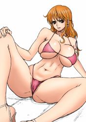 Rule 34 | 1girl, bare arms, bare shoulders, bikini, breasts, brown eyes, cameltoe, cleavage, colorized, curvy, derivative work, highres, huge breasts, inoue takuya, long hair, looking at viewer, nami (one piece), navel, one piece, orange hair, reisan97, simple background, solo, spread legs, stomach, swimsuit, thick thighs, thighs, underboob, upper body, white background, wide hips