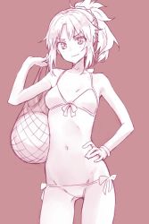 Rule 34 | 1girl, bikini, blush, breasts, closed mouth, collarbone, cowboy shot, fate/apocrypha, fate (series), food, fruit, half updo, hand on own hip, hand up, holding, looking at viewer, melon, monochrome, mordred (fate), mordred (fate/apocrypha), mordred (swimsuit rider) (first ascension) (fate), navel, parted bangs, ponytail, rimo, side-tie bikini bottom, sidelocks, small breasts, smile, solo, swimsuit