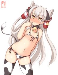Rule 34 | 1girl, alternate costume, amatsukaze (kancolle), animal ears, animal print, artist logo, bell, bikini, blush, brown eyes, commentary request, covered erect nipples, cow ears, cow horns, cow print, cow tail, cowbell, cowboy shot, dated, ear tag, fake animal ears, fake horns, front-tie top, hair tubes, highres, horns, kanon (kurogane knights), kantai collection, leaning to the side, long hair, looking at viewer, low ponytail, micro bikini, navel, nose blush, one-hour drawing challenge, side-tie bikini bottom, silver hair, simple background, solo, swimsuit, tail, thighhighs, two side up, white background, white bikini, white thighhighs