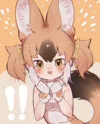 Rule 34 | 1girl, animal ears, brown background, brown eyes, brown hair, dhole (kemono friends), extra ears, gloves, highres, kemono friends, long hair, looking at viewer, notora, ribbon, scarf, shirt, simple background, sleeveless, sleeveless shirt, smile, solo, tail, twintails, wolf ears, wolf girl, wolf tail