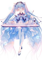 Rule 34 | 1girl, 1other, absurdres, beamed eighth notes, blue dress, blue hair, closed eyes, collared dress, commentary, dress, eighth note, english commentary, frilled dress, frills, full body, guzheng, hair ornament, hatsune miku, highres, instrument, invisible chair, light blue hair, light smile, long hair, mukaend, music, musical note, musical note print, neck ribbon, playing instrument, quarter note, rabbit yukine, ribbon, sandals, sitting, snowflake print, snowflakes, thighhighs, twintails, very long hair, vocaloid, white thighhighs, yuki miku, yuki miku (2020) (applicant), zouri