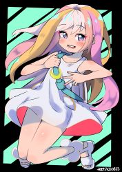 Rule 34 | :d, absurdres, bare arms, bare shoulders, black background, blonde hair, blue eyes, blush, brown hair, collarbone, commentary request, crescent, dated, dreamusun, dress, green background, highres, long hair, looking at viewer, multicolored hair, open mouth, pink hair, sandals, signature, sleeveless, sleeveless dress, smile, teeth, two-tone background, upper teeth only, vanilla (world&#039;s end club), very long hair, white dress, white footwear, white hair, world&#039;s end club