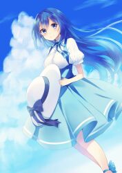 Rule 34 | 1girl, blue dress, blue eyes, blue ribbon, blue sky, bow, breasts, cloud, day, dress, hat, hat bow, highres, hiyono soradori, holding, holding clothes, holding hat, long hair, medium breasts, neck ribbon, original, outdoors, ribbon, short sleeves, sky, smile, solo, standing, two-tone dress, unworn hat, unworn headwear, very long hair, white hat