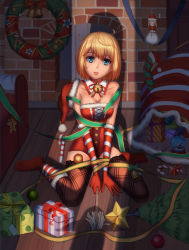 Rule 34 | 1girl, absurdres, alice margatroid, bad id, bad pixiv id, bell, blonde hair, blue eyes, box, christmas, christmas tree, collar, du mogu, duster, flying sweatdrops, fur trim, gift, gift box, gloves, hat, highres, looking at viewer, merry christmas, messy hair, neck bell, on floor, parted lips, ribbon, santa hat, shadow, shanghai doll, solo, striped clothes, striped gloves, sweatdrop, thighhighs, touhou, wooden floor, wreath