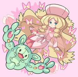 Rule 34 | 1girl, blonde hair, butterfly hair ornament, caitlin (pokemon), cape, closed mouth, commentary request, creatures (company), dress, game freak, gen 5 pokemon, green eyes, hair ornament, hat, highres, long hair, long sleeves, nintendo, outline, parted bangs, pink cape, pink dress, pink footwear, pink headwear, pokemon, pokemon (creature), pokemon bw, reuniclus, see-through cape, shoes, sidelocks, sutokame, very long hair, wavy hair