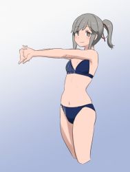 Rule 34 | 1girl, adapted costume, bikini, blue background, blue bikini, breasts, brown eyes, commentary request, cowboy shot, cropped legs, gradient background, grey hair, hair ribbon, kantai collection, lawson, long hair, ponytail, red ribbon, ribbon, sidelocks, small breasts, solo, standing, stretching, striped bikini, striped clothes, swimsuit, tamu (mad works), usugumo (kancolle)