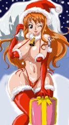 Rule 34 | 1girl, breasts, brown eyes, christmas, curvy, female focus, gift, hat, highres, hip focus, kei (nishinin), large breasts, long hair, nami (one piece), navel, one eye closed, one piece, open mouth, orange hair, sack, santa costume, santa hat, solo, stomach, tattoo, wide hips, wink