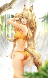 Rule 34 | 1girl, animal ears, arknights, ass, bad id, bad pixiv id, bikini, breasts, ceobe (arknights), commentary, cowboy shot, dog ears, dog girl, dog tail, fang, from behind, hair between eyes, hand in own hair, highres, large breasts, long hair, looking at viewer, looking back, open mouth, orange bikini, red eyes, skin fang, solo, swimsuit, tail, twitter username, water, waterfall, yokaze (yokajie)