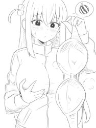 Rule 34 | 1girl, amogan, bocchi the rock!, bra, breasts, commentary request, cube hair ornament, food, frown, fruit, gotoh hitori, grabbing own breast, hair ornament, highres, holding, holding bra, holding clothes, holding underwear, jacket, large breasts, melon, monochrome, one side up, solo, spoken object, sweat, track jacket, underwear, upper body