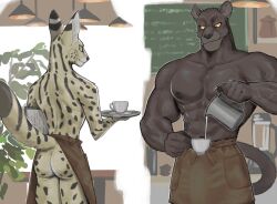 Rule 34 | 2boys, abs, apron, ass, bara, card, closed mouth, collarbone, cup, from behind, furry, furry male, highres, holding, holding card, holding cup, holding tray, indoors, k0bit0wani, lamp, looking back, male focus, milk, multiple boys, naked apron, navel, original, panther boy, panther ears, panther tail, plant, smile, standing, table, tray, waiter