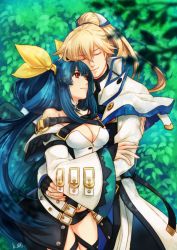 Rule 34 | 1boy, 1girl, arm hug, asymmetrical wings, belt, black panties, breasts, choker, closed eyes, couple, curre, detached sleeves, dizzy (guilty gear), forest, grass, guilty gear, guilty gear xrd, hair ribbon, hair rings, hug, husband and wife, ky kiske, large breasts, leaf, nature, panties, ponytail, red eyes, ribbon, thigh strap, twintails, underwear, wings, yellow ribbon