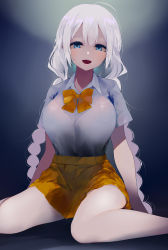 Rule 34 | 1girl, absurdres, blue eyes, bow, bowtie, breast pocket, breasts, collared shirt, feet out of frame, grey shirt, highres, kizuna akari, large breasts, long hair, open mouth, orange bow, orange bowtie, orange skirt, pocket, shirt, shirt tucked in, short sleeves, sitting, skirt, smile, solo, susumu, very long hair, vocaloid, voiceroid, white hair