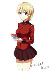 Rule 34 | 10s, 1girl, black skirt, blonde hair, blue eyes, braid, closed mouth, cowboy shot, cup, darjeeling (girls und panzer), dated, epaulettes, girls und panzer, highres, holding, jacket, long sleeves, looking at viewer, military, military uniform, miniskirt, night (a52a52520), pleated skirt, red jacket, saucer, short hair, skirt, smile, solo, st. gloriana&#039;s military uniform, standing, teacup, twin braids, uniform