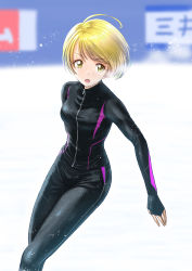 Rule 34 | 1girl, black gloves, black jacket, black pants, blonde hair, blurry, blurry background, fingerless gloves, gloves, highres, hugtto! precure, ice skating, itou shin&#039;ichi, jacket, kagayaki homare, long sleeves, looking to the side, open mouth, pants, precure, short hair, skating, solo, yellow eyes, zipper