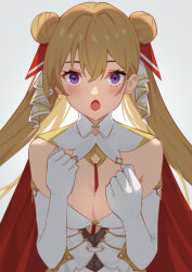 Rule 34 | 1girl, azur lane, bare shoulders, blonde hair, blush, breasts, cleavage, commentary request, double bun, dress, elbow gloves, gloves, hair bun, hands up, long hair, looking at viewer, medium breasts, necktie, open mouth, purple eyes, red necktie, royal oak (azur lane), satuki 518, simple background, solo, twintails, upper body, white background, white dress, white gloves