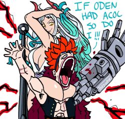Rule 34 | 1boy, 1girl, artist name, ass, blank eyes, blood, breasts, broly culo (meme), cleavage, club, club (weapon), defeat, english text, eustass kid, fur trim, haki, holding, holding weapon, horns, huge ass, humiliation, kanabou, large breasts, long hair, looking at another, looking back, mechanical arms, meme, multicolored hair, muscular, one piece, pain, parody, ponytail, short hair, single mechanical arm, size difference, spiked hair, toadgashi, very long hair, weapon, what, yamato (one piece)