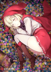Rule 34 | 1girl, absurdres, basket, blonde hair, blush, boots, bow, cape, closed eyes, fetal position, flower, full body, grimms notes, hair flower, hair ornament, highres, hood, knee boots, little red riding hood (grimm), lying, on side, open mouth, red skirt, shirt, short hair, skirt, sleeping, solo, thighhighs, umakuchi shouyu (into-rain), white shirt, white thighhighs