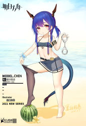 Rule 34 | 1girl, :o, absurdres, aged down, arknights, armband, artist name, beach, bikini, blue bikini, blue wristband, breasts, ch&#039;en (arknights), ch&#039;en the holungday (arknights), character name, chinese commentary, chinese text, commentary request, copyright name, cuffs, dated, dated commentary, dragon girl, dragon horns, dragon tail, english text, front-tie bikini top, front-tie top, full body, handcuffs, highres, holding, holding handcuffs, horns, kuroshiroemaki, long hair, looking at viewer, mixed-language text, navel, official alternate costume, pulling own clothes, red eyes, rhodes island logo (arknights), see-through, single thighhigh, skindentation, small breasts, solo, standing, swimsuit, tail, thigh strap, thighhighs, thighhighs pull, twintails, water
