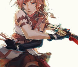 Rule 34 | 10s, 1girl, female focus, fighting stance, final fantasy, final fantasy xiii, fingerless gloves, frown, gloves, huujuu, lightning farron, long hair, pink hair, solo, sword, weapon, white background
