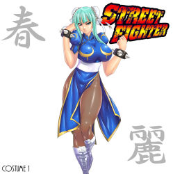 Rule 34 | 1girl, alternate hairstyle, aqua eyes, aqua hair, blue dress, blue eyes, boots, bracelet, braid, breasts, brown pantyhose, bun cover, capcom, character name, china dress, chinese clothes, chun-li, chun-li (cosplay), company connection, copyright name, cosplay, covered erect nipples, cross-laced footwear, double bun, dress, english text, fighting stance, green hair, hair bun, hair ribbon, hip focus, jewelry, judge martin, knee boots, knees, large breasts, leg up, legs, lips, lipstick, long hair, makeup, morrigan aensland, open mouth, pantyhose, pelvic curtain, ribbon, sash, shiny clothes, short hair, simple background, smile, solo, spiked bracelet, spikes, spread legs, street fighter, street fighter ii (series), text focus, thighs, twin braids, vampire (game), white background