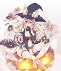 Rule 34 | 1girl, animal ears, blonde hair, breasts, cleavage, ears through headwear, elbow gloves, full body, gloves, halloween, hat, highres, large breasts, long hair, original, red eyes, satomi (black scarecrow), solo, striped clothes, striped thighhighs, tail, thigh strap, thighhighs, witch hat