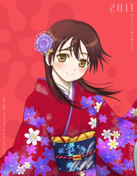 Rule 34 | 10s, 1girl, 2011, ariga nao, blush, brown eyes, brown hair, flower, gertrud barkhorn, hair down, hair flower, hair ornament, japanese clothes, kimono, long hair, new year, smile, solo, strike witches, world witches series