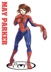 Rule 34 | 1girl, abs, animification, blue eyes, bob cut, bodysuit, breasts, brown hair, character name, chou denji mayuge, covered navel, floating hair, holding, holding mask, looking at viewer, marvel, mask, unworn mask, mayday parker, medium breasts, red bodysuit, short hair, skin tight, smile, solo, spider-girl, spider-man (series), spider web print, standing, superhero costume, white background