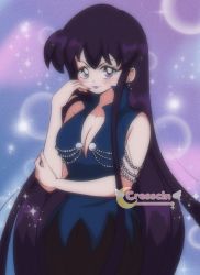 Rule 34 | 1990s (style), 1girl, beads, bishoujo senshi sailor moon, blush, breasts, bubble background, cleavage, collarbone, cresscin, dress, earrings, highres, jewelry, large breasts, long hair, looking at viewer, mistress 9, purple background, purple dress, purple eyes, purple hair, purple lips, retro artstyle, sleeveless, sleeveless dress, smile, sparkle, standing