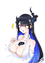 1girl asymmetrical_horns bare_shoulders between_breasts black_hair blue_hair bluenerd8 blush breasts cleavage colored_inner_hair demon_horns hair_ornament highres hololive hololive_english horns jailbird_(nerissa_ravencroft) large_breasts long_hair looking_at_viewer mole mole_under_eye multicolored_hair nerissa_ravencroft nerissa_ravencroft_(1st_costume) red_eyes smile solo two-tone_hair unbuttoned uneven_horns upper_body very_long_hair virtual_youtuber