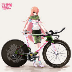 Rule 34 | 1girl, bicycle, bike jersey, cz2128 delta, english text, eyepatch, green eyes, highres, long hair, overlord (maruyama), pink hair, shoes, simple background, solo, tamagona
