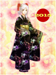 Rule 34 | 10s, 1girl, 2015, brown eyes, fire emblem, fire emblem awakening, floral background, floral print, flower, hair ornament, highres, japanese clothes, kimono, lin (ryun vell), lips, looking at viewer, nintendo, robin (female) (fire emblem), robin (fire emblem), silver hair, smile, solo, super smash bros., twintails