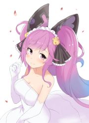 Rule 34 | 1girl, bell, breasts, cleavage, cleo (dragalia lost), closed mouth, commentary, dragalia lost, dress, elbow gloves, english commentary, gloves, hair ornament, jalm, jewelry, jingle bell, large breasts, long dress, looking at viewer, pink eyes, pink hair, ring, smile, solo, twintails, wedding band, wedding dress, white gloves