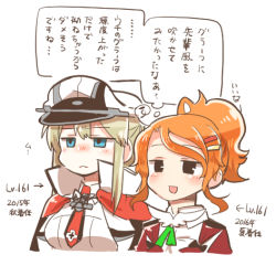 Rule 34 | 2girls, :d, aquila (kancolle), black eyes, blonde hair, blue eyes, capelet, graf zeppelin (kancolle), hair between eyes, hat, high ponytail, jacket, kantai collection, long hair, long sleeves, lowres, military, military uniform, multiple girls, open mouth, orange hair, peaked cap, rebecca (keinelove), red jacket, short hair, sidelocks, simple background, smile, translation request, twintails, uniform, white background