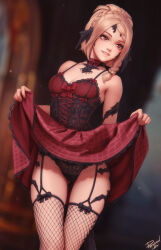 Rule 34 | 1girl, artist name, au ra, warrior of light (ff14), bare shoulders, black choker, black garter straps, black panties, blonde hair, blurry, blurry background, braid, breasts, choker, clothes lift, crown braid, dress, dress lift, final fantasy, final fantasy xiv, fishnet thighhighs, fishnets, garter straps, gluteal fold, highres, horns, lace, lace panties, lifting own clothes, lips, looking away, medium breasts, panties, parted lips, personal ami, red dress, red eyes, scales, short hair, side braid, single braid, skirt, skirt lift, sleeveless, smile, solo, thigh gap, thighhighs, uncensored, underwear