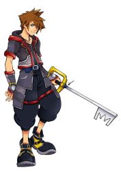 Rule 34 | 1boy, belt, blue eyes, brown hair, clothes, gloves, jewelry, keyblade, kimbolie 12, kingdom hearts, kingdom hearts iii, looking at viewer, male focus, necklace, pants, shirt, shoes, short hair, simple background, smile, solo, sora (kingdom hearts), standing